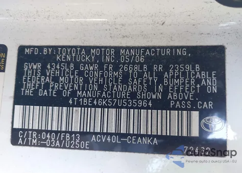 2007 Toyota Camry Le from USA, damaged, VIN 4T1BE46K57U535964